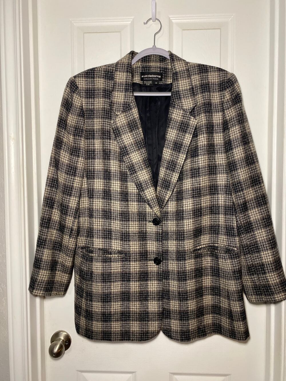 Vintage 90s Liz Claiborne 100% Wool Plaid Houndstooth Blazer 14 Dark Academia